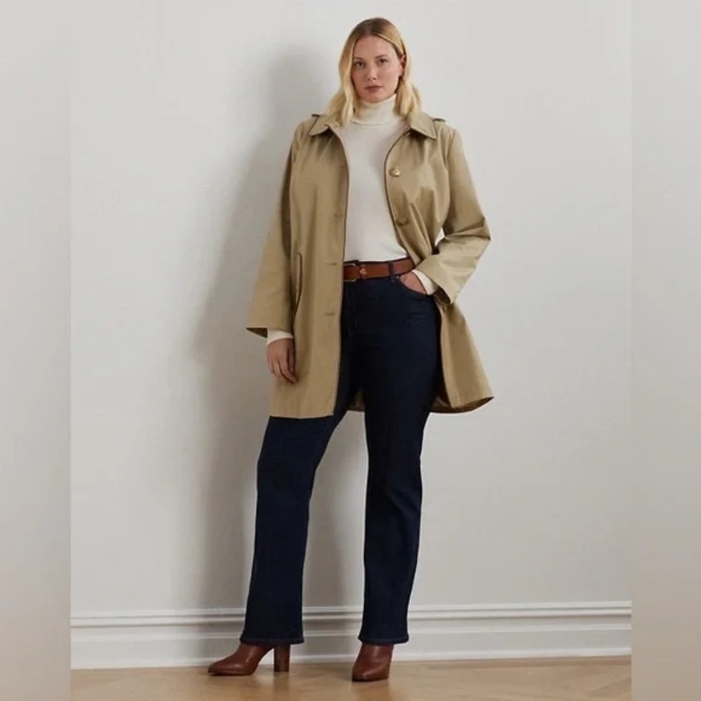 Lauren Ralph Lauren Hooded Single-Breasted Trench Coat Faux-Leather Trim Jacket